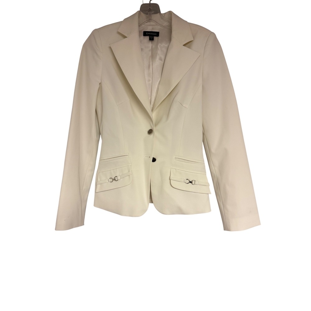 Bebe White Tailored Blazer Silver Bit Hardware Single Button Jacket Size 2